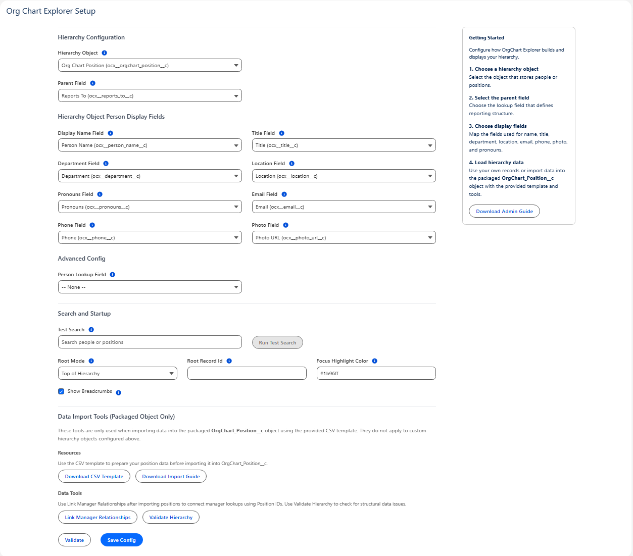 Org Chart Explorer setup page showing hierarchy configuration, display field mapping, and import tools