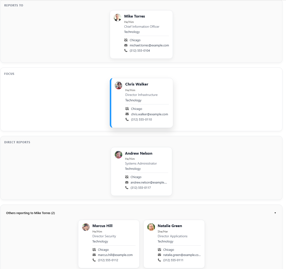 Org Chart Explorer showing reports to, focus, direct reports, and additional reporting groups